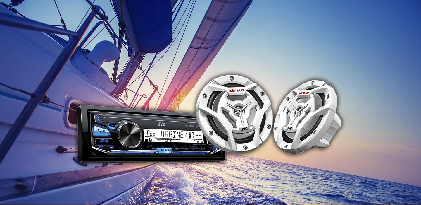 Boat audio set up with audio deck and speakers